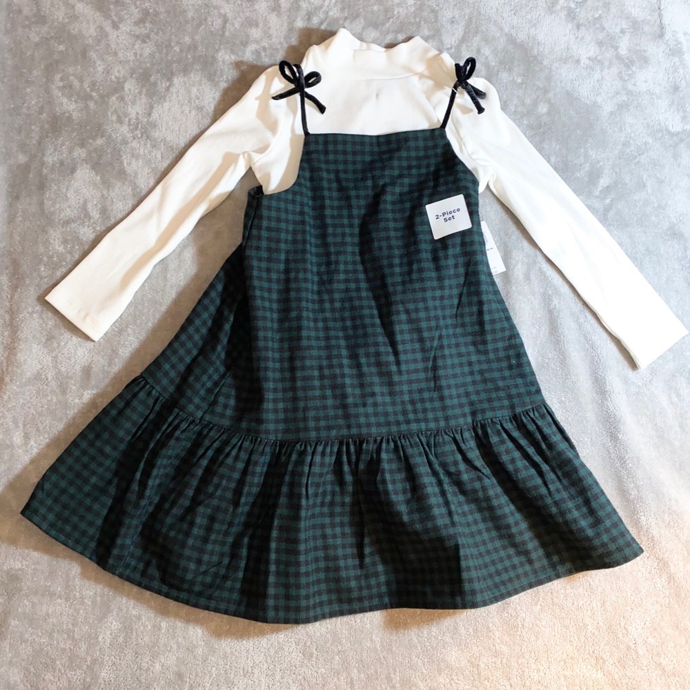 NEW Old Navy 4T Green Black Plaid Pinafore Dress‎ 2 Piece Long Sleeve Mock NWT